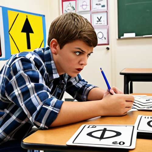 Home 11 **
A driver's education student intensely studying traffic signs laid out on a table, some hand-drawn flashcards with traffic symbols nearby, a frustrated expression but determined. Background: A driving school classroom, maybe with a whiteboard showing a diagram of an intersection.
**