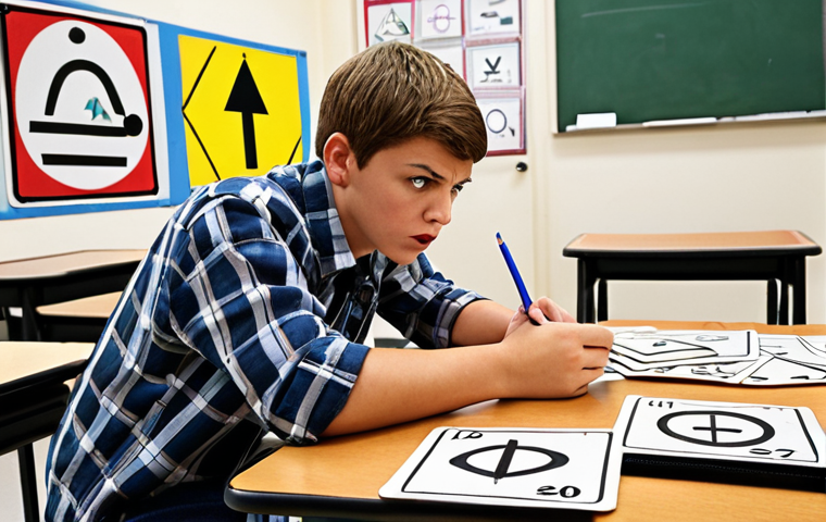 **
A driver's education student intensely studying traffic signs laid out on a table, some hand-drawn flashcards with traffic symbols nearby, a frustrated expression but determined. Background: A driving school classroom, maybe with a whiteboard showing a diagram of an intersection.
**