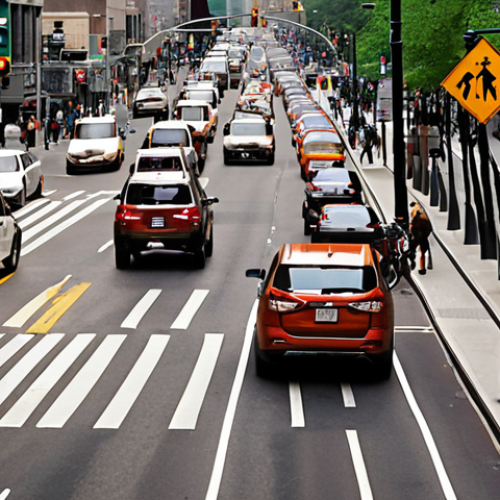Home 6 **
A busy city intersection at rush hour, showing a mix of cars, buses in dedicated lanes, cyclists in bike lanes, and pedestrians using crosswalks. Focus on the flow of traffic and the integration of different transportation modes. The overall tone should be efficient and safe.
**