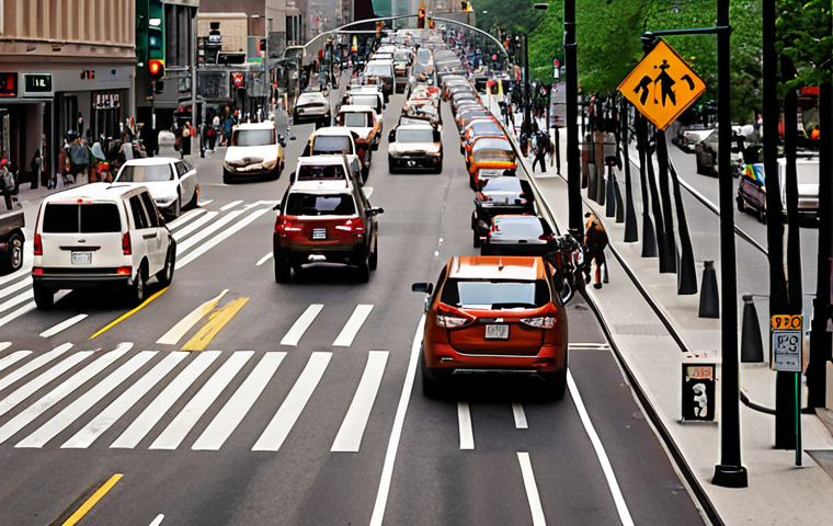**
A busy city intersection at rush hour, showing a mix of cars, buses in dedicated lanes, cyclists in bike lanes, and pedestrians using crosswalks. Focus on the flow of traffic and the integration of different transportation modes. The overall tone should be efficient and safe.
**