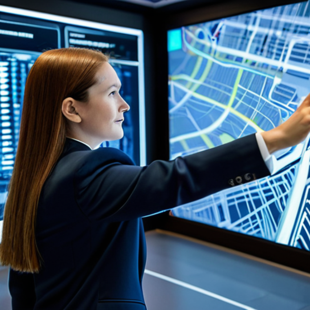 A professional urban planner, fully clothed in a modest business suit, standing confidently in a futuristic smart city control center. Large, interactive holographic screens display real-time traffic flow, public transport networks, and data visualizations. The environment is sleek and modern, with soft, ambient lighting. The planner is gesturing towards a screen, showcasing a vision of integrated technologies for sustainable urban mobility. Perfect anatomy, natural pose, correct proportions, well-formed hands, proper finger count, natural body proportions, professional photography, high quality, safe for work, appropriate content, family-friendly.