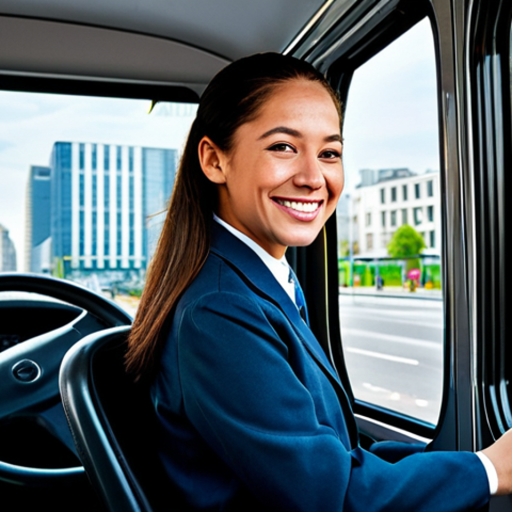 도로교통사 자격증으로 취업 가능한 직종 - Public Transportation Professional**
"A fully clothed, professional female bus driver in a modest u...