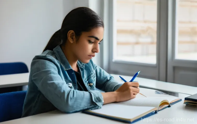 도로교통사 필기시험 고득점 사례 - **Prompt:** A young adult, male or female, sits at a clean, modern study desk, with a DGT (Dirección...