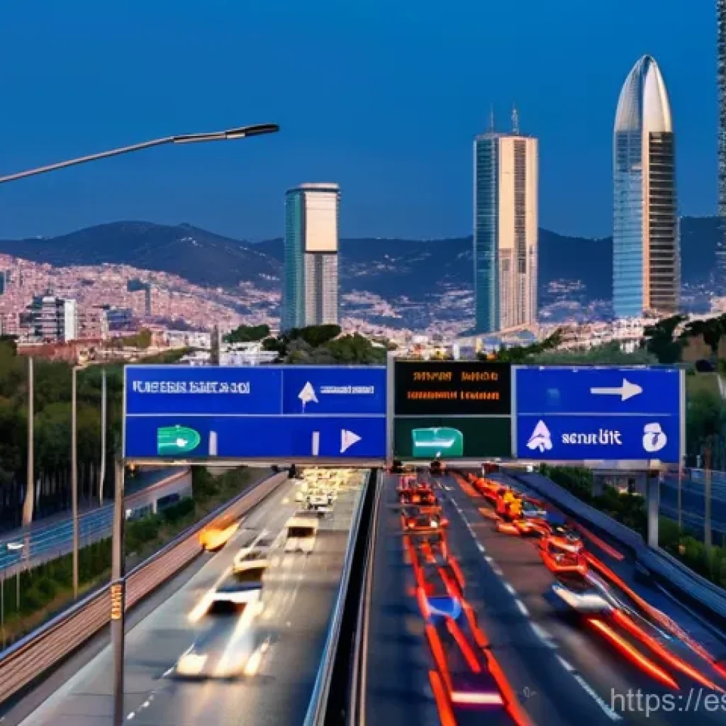 도로교통사 직무에서의 효율적인 업무 관리 - **Prompt:** A bustling multi-lane highway entrance to Barcelona, specifically depicting a dynamic la...