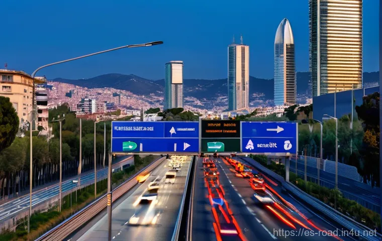 도로교통사 직무에서의 효율적인 업무 관리 - **Prompt:** A bustling multi-lane highway entrance to Barcelona, specifically depicting a dynamic la...