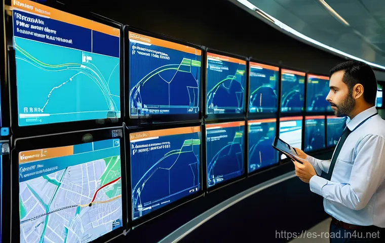 도로교통사 직무에서의 효율적인 업무 관리 - **Prompt:** A bustling multi-lane highway entrance to Barcelona, specifically depicting a dynamic la...