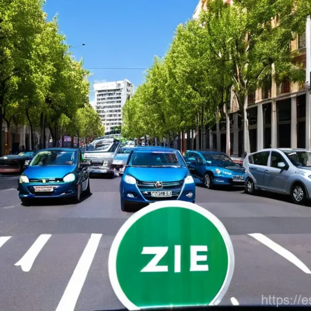 도로교통사 필기시험 자주 틀리는 문제 - **Prompt:** A modern, compact car with a visible DGT environmental sticker (e.g., a green 'ECO' or y...