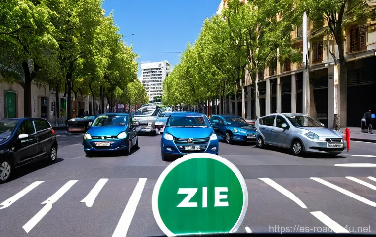 도로교통사 필기시험 자주 틀리는 문제 - **Prompt:** A modern, compact car with a visible DGT environmental sticker (e.g., a green 'ECO' or y...