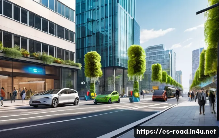 도로교통사 관련 직무의 장래성 - **Prompt:** A vibrant, futuristic city street bustling with activity during daytime. The scene showc...