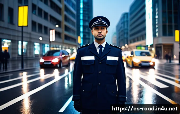 도로교통사 직무에 적합한 성격 - **Prompt 1: Urban Calm Amidst Chaos**
A highly skilled and composed traffic professional, appear...